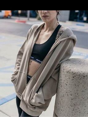 Joah Brown taupe hooded zip-up sweater